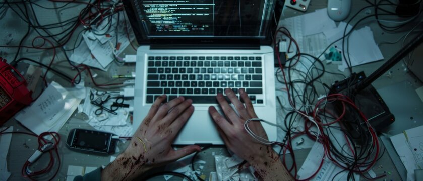 A cluttered desk with a laptop displays code, surrounded by wires, paperwork, and tech gadgets, portraying a chaotic yet dynamic workspace.