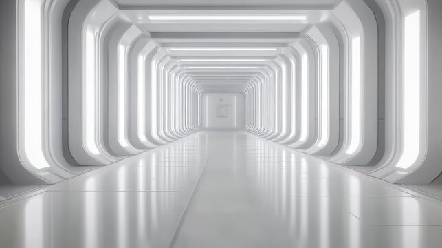 A Futuristic White Corridor with Recessed Lighting and a Door at the End