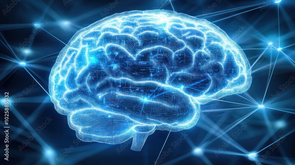 Poster digital brain representation with glowing lines and a network of connections