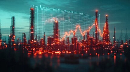 Oil and natural gas refinery with oil storage tanks Oil demand price graph glowing 
