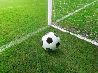 A soccer ball lies on a soccer field with green grass in a goal net after a goal scored by an athlete