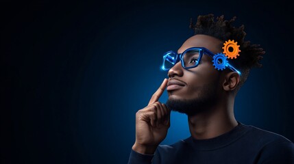 Obraz premium Ingenious Mind: A young, Black man wearing futuristic glasses, gears above his head, contemplates innovative solutions against a deep blue backdrop. 