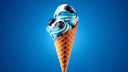 Delicious waffle cone filled with blueberry ice cream, captured against a bright background, evoking a refreshing summer treat with vibrant colors. 