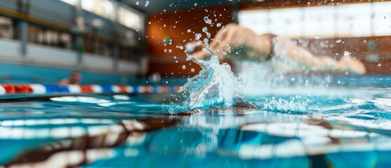 An action shot captures a swimmer diving into a pool, with droplets suspended mid-air creating a dynamic splash.