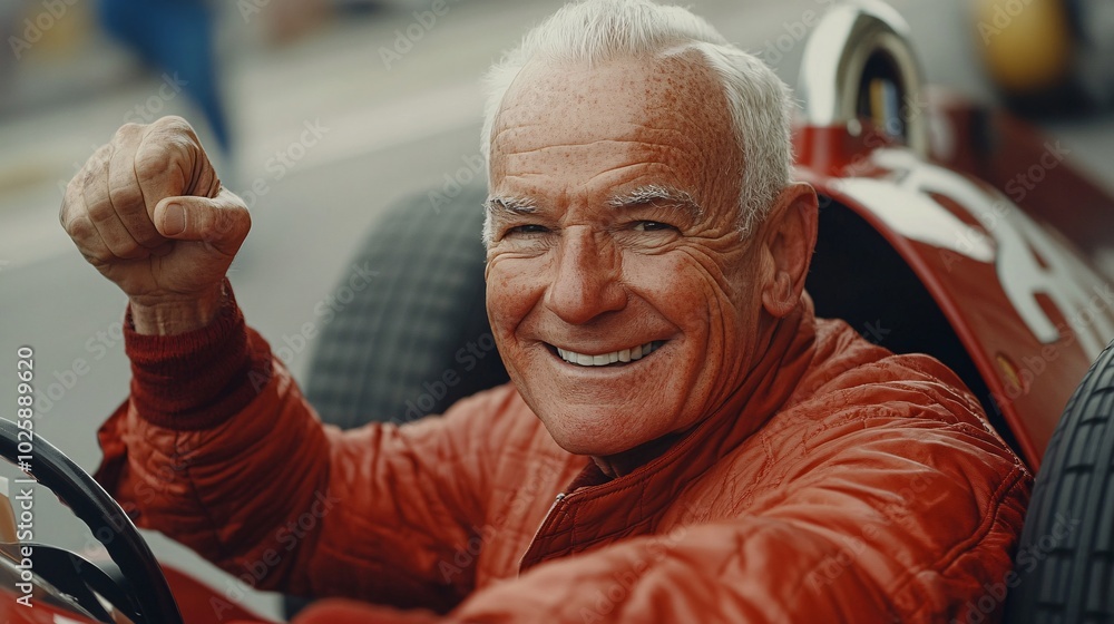 Poster senior race car driver taking a victory lap after crossing the finish line at high speed stock photo
