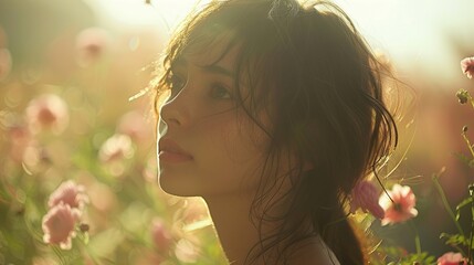 Fototapeta premium Woman in a Field of Flowers - Portrait in Soft Light