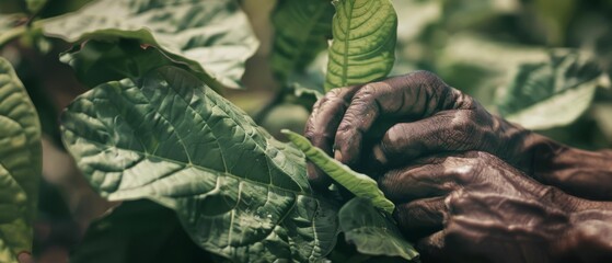 Weathered hands tend to lush green leaves in a sunlit garden, showcasing a connection between nature and human labor.