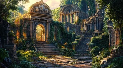 Detailed digital painting lost city discovery with ruins and light