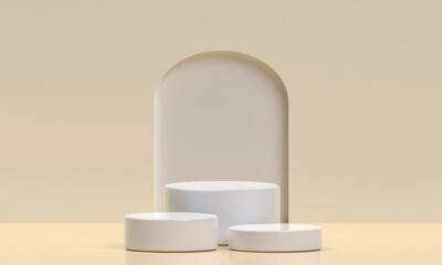 White product display podium in studio room, pastel beige color for display presentation