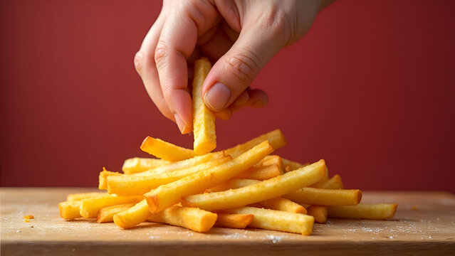 Hand takes rench fries 