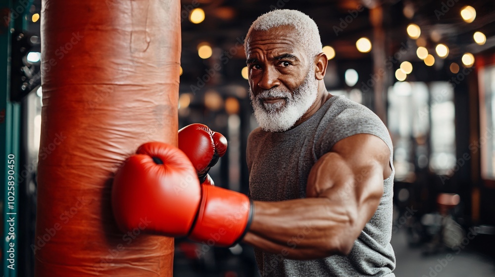 Poster senior boxer in the gym hitting a punching bag with speed and power stock photo with side copy space