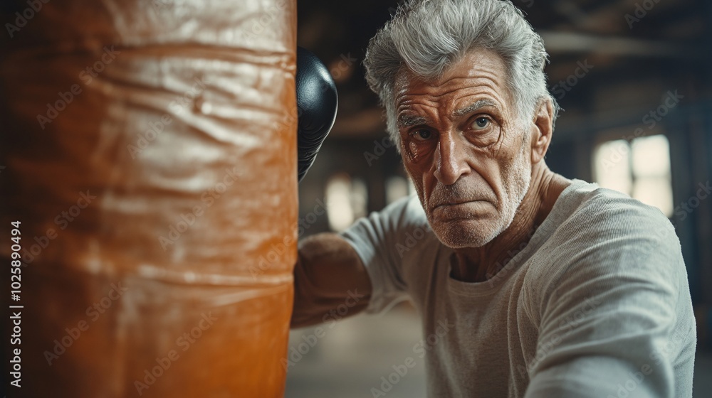 Poster senior boxer in the gym hitting a punching bag with speed and power stock photo with side copy space