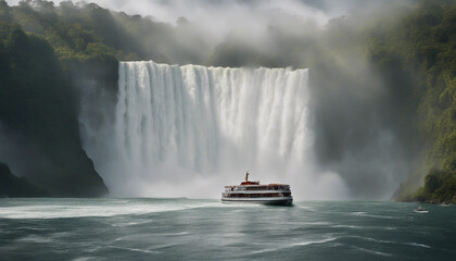 A tourist boat approaches a majestic waterfall resembling Niagara Falls with powerful cascades.