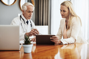 Doctor, office and people with tablet in consultation for medical research, coverage and advice....