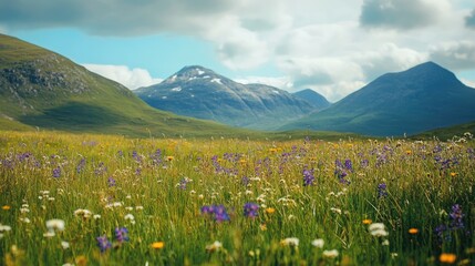 Obraz premium A beautiful wildflower field in the countryside of Scotland, space for text in the open sky.