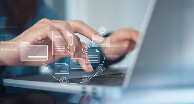 Document management system concept, software system for managing documents, information, organization. document searches and shares, data access, documentation reducing data loss