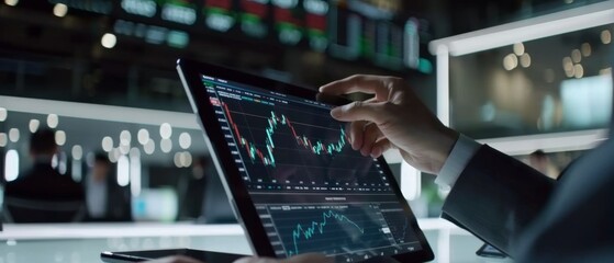 A hand manipulates a digital trading app on a tablet, focusing intensely on the fluctuating financial graphs, nearby markets visible in a sleek design.