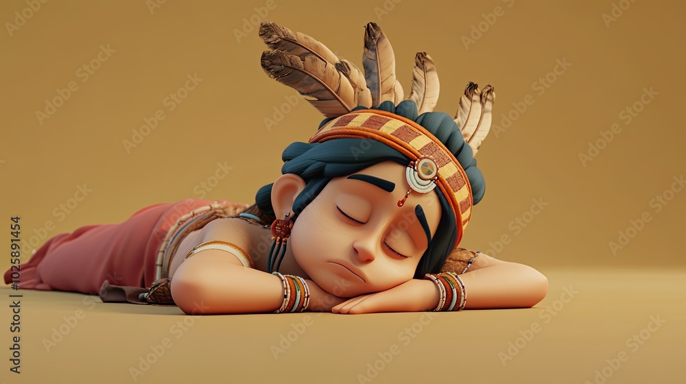 Poster a bored 3d indian character lying on the ground, with ample room for text in the background.