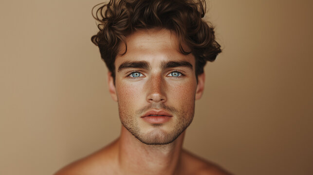 an attractive young man with wavy brown hair and blue eyes. beige background