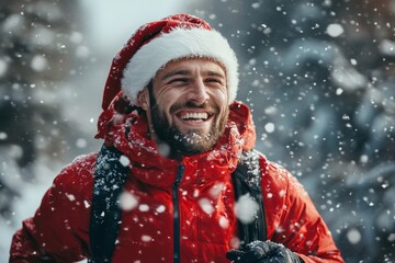 Man in a red jacket and a santa hat is smiling in snow. Concept of joy and happiness, as the man is enjoying winter weather atmosphere. young smiling man in red jacket and santa hat running in winter