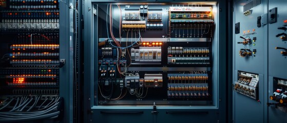 Intricate wires and switches form the complex heart of a server room, glowing with technology and electronic precision.