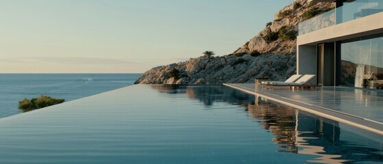 An elegant infinity pool reflects the soft hues of sunset, bordered by contemporary architecture and rugged cliffs, overlooking the vast ocean.