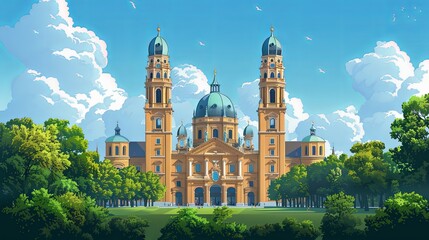 Frauenkirche, Munich. Cathedral of Our Dear Lady. Flat style illustration