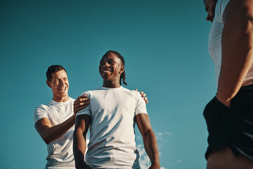 Fitness, rugby and sports with team of people outdoor together for competition or challenge...