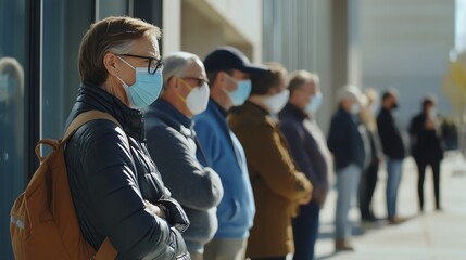 Men in masks waiting in line outdoors.