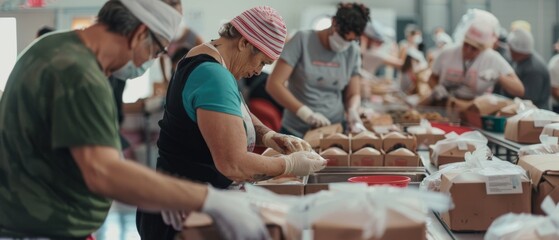 Volunteers in an assembly line diligently pack food boxes in a community effort, reflecting teamwork, compassion, and a spirit of giving.