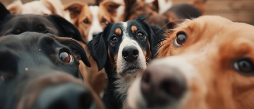 A curious pack of dogs leans in close, their eyes wide with anticipation, capturing the viewer's attention with playful curiosity.