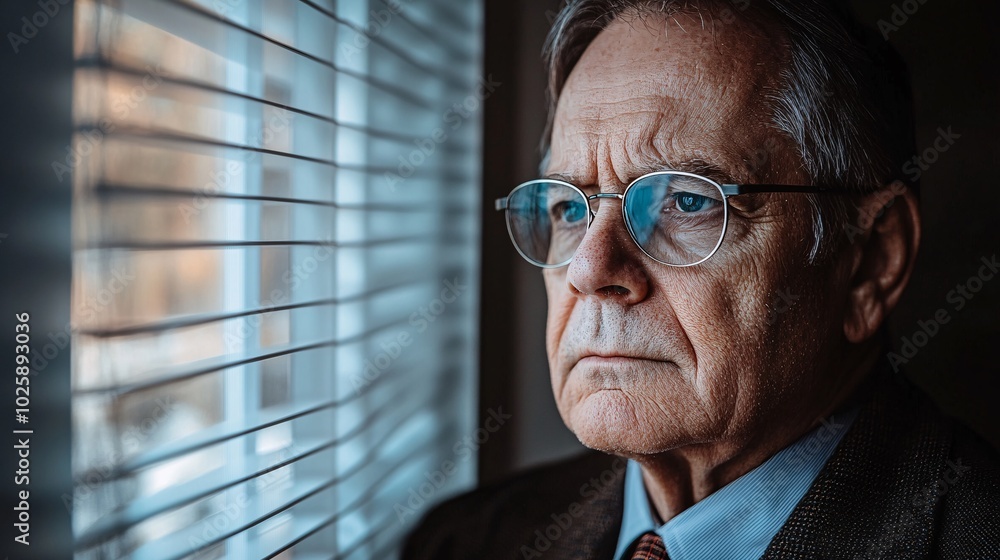 Poster Senior man doing a home vision test using a reading chart while seated near a window Stock Photo with side copy space