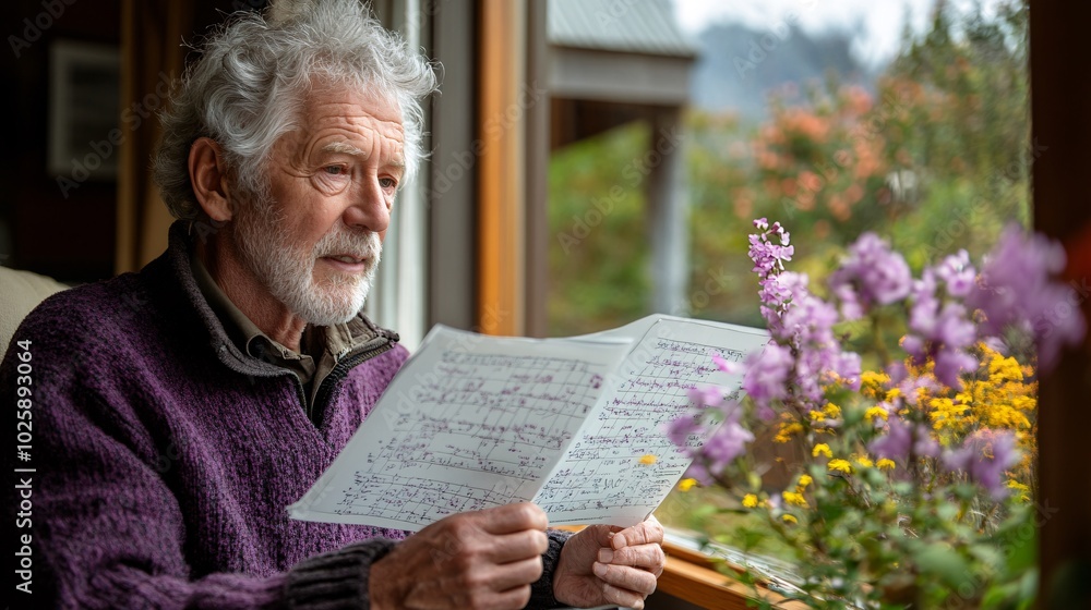 Aufkleber Senior man doing a home vision test using a reading chart while seated near a window Stock Photo with side copy space