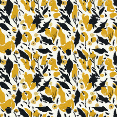 Modern printed fabric wildflower blockprint pattern with linen fabric textures. Stylized hand drawn boho dark florals for decorative design elements in repeatable background tile.