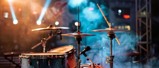 Drum set illuminated by vibrant stage lights, with smoke swirling in the background, creating an...