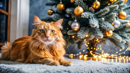 Ginger cat beside a Christmas tree closeup, perfect for christmas and new year cards, holiday pet photoshoots, and seasonal promotional materials