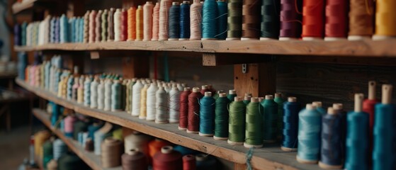Shelves filled with assorted spools of thread exhibit a rich palette, resonating creativity and dedication to textile endeavors.