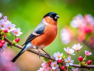 One-Legged Female Bullfinch in Spring, Bokeh Effect, Yorkshire, UK