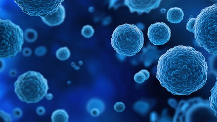 Microscopic View of Cells Against a Deep Blue Background, Featuring Intricate Textures and Clusters, Highlighting the Complexity of Cellular Structures