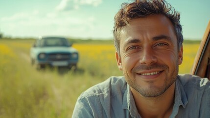 Man with big smile is standing in front of a black car. The car is parked on a hill, and the man is looking at the camera. ace of man he smiles, beautiful landscape in the background, car in distance.
