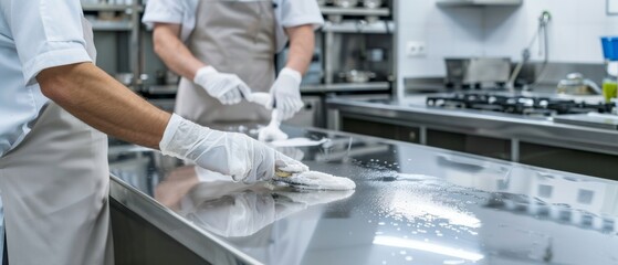 Two chefs diligently clean a kitchen counter, capturing skill and precision in maintaining hygiene within an organized, professional culinary environment.