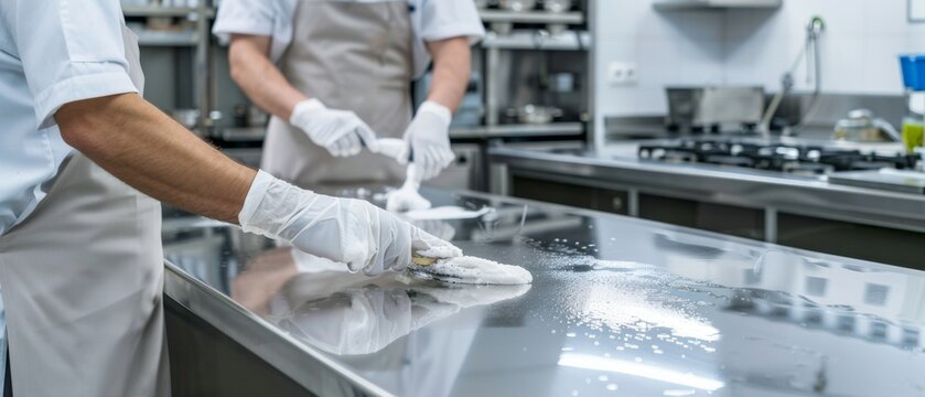 Two chefs diligently clean a kitchen counter, capturing skill and precision in maintaining hygiene within an organized, professional culinary environment.