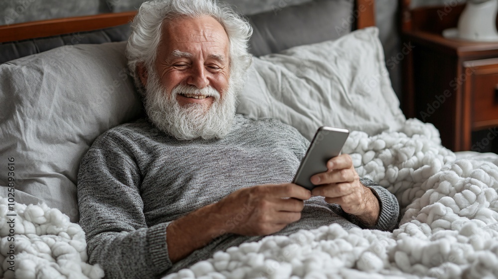 Poster senior man monitoring his sleep data on his phone while lying in bed stock photo with side copy spac