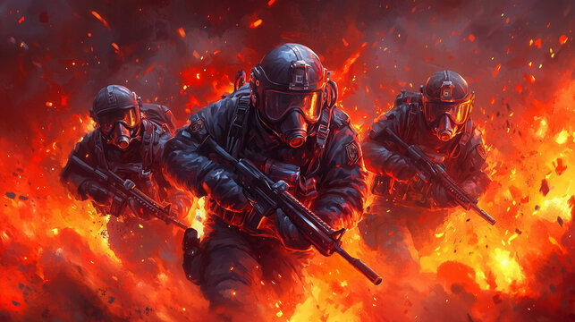 Tactical Soldiers Amidst Fire and Explosions