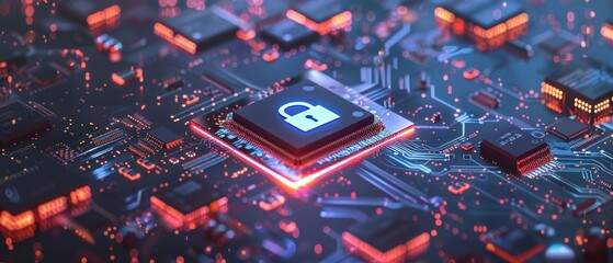A central microchip with a padlock symbol is surrounded by glowing circuitry, signifying digital security and advanced technological protection.