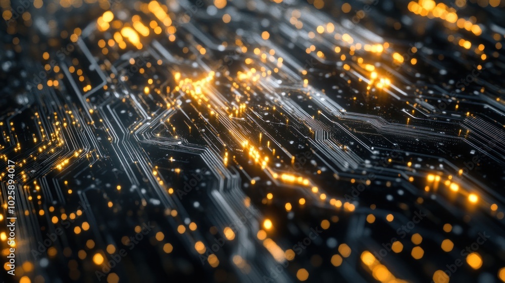 Poster abstract representation of a digital circuit board with glowing connections.