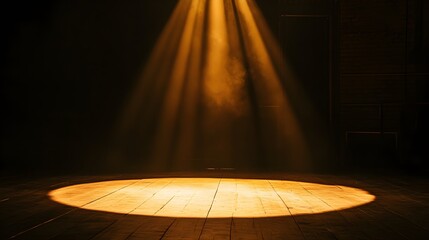 A dramatic scene featuring a single golden spotlight shining on a darkened stage, with warm rays of light radiating outward, evoking a sense of grandeur and anticipation for the upcoming performance. 