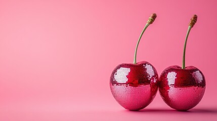 Two shiny red cherries are placed on a pink background. cherries are shiny and sparkly, giving the image a festive celebratory mood. two cherries, but one is a disco ball, on a bright pink background