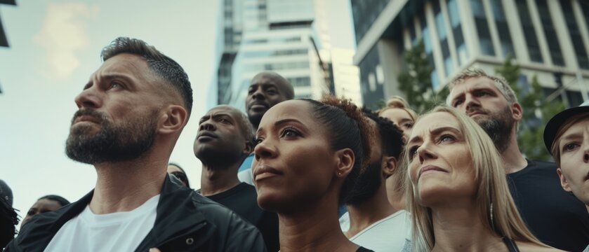 A group stands resolute against a city skyline, faces filled with determination and unity.