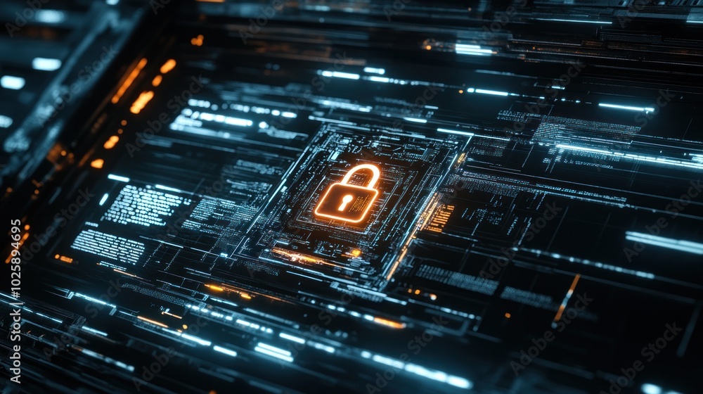 Poster a digital lock symbol on a circuit board background, representing cybersecurity and data protection.